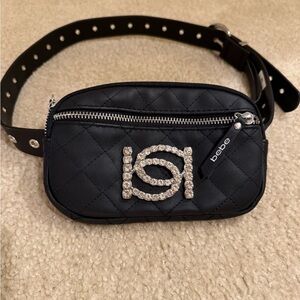Bebe Quilted Black Belt Bag with Rhinestone Detail